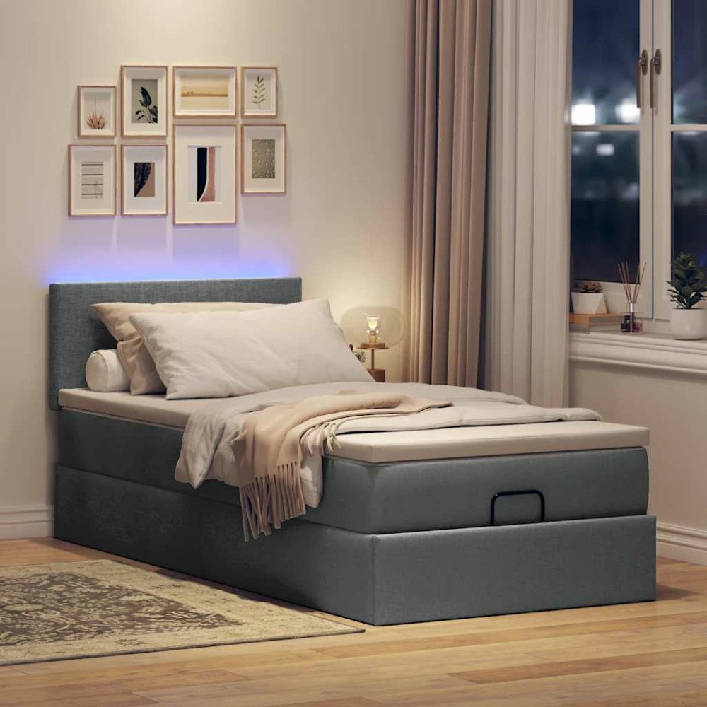 vidaXL Ottomansk säng med madrass och LED-lampor mörkgrå 90x200 cm tyg