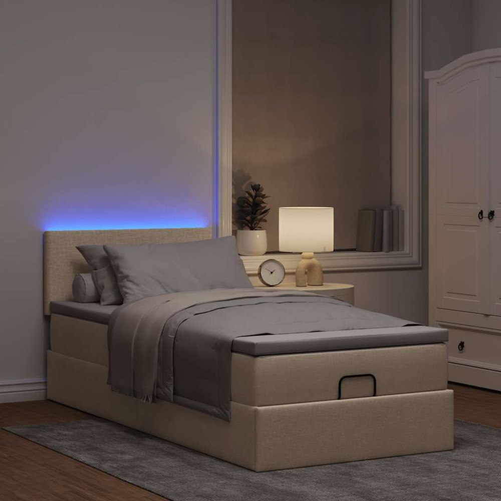 vidaXL Ottomansk säng med madrass och LED-lampor gräddvit 90x200 cm