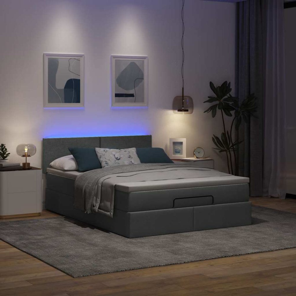 vidaXL Ottoman säng med madrass och LED-lampor mörkgrå 140x200 cm tyg