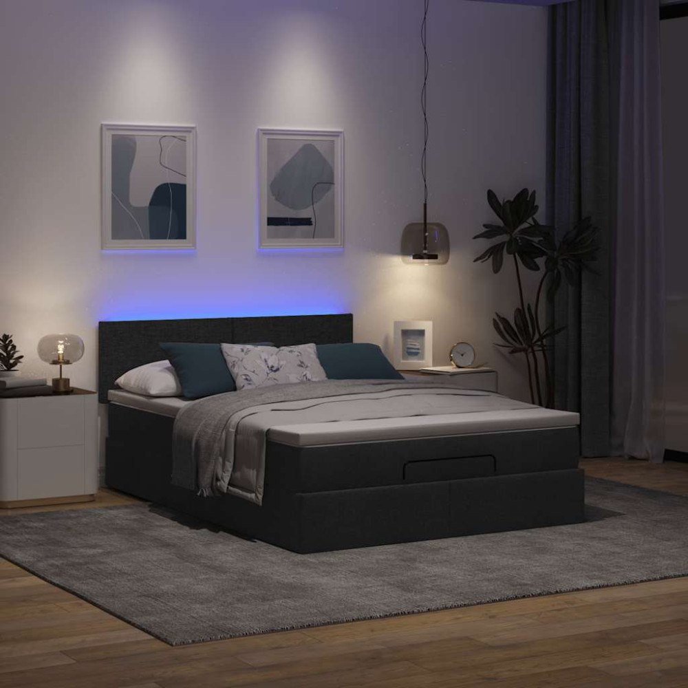 vidaXL Ottomansk säng med madrass och LED-lampor svart 140x200 cm tyg