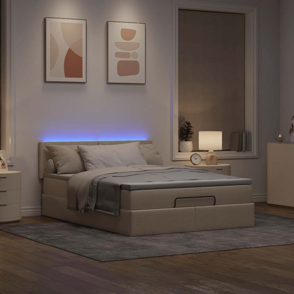 vidaXL Ottomansk säng med madrass och LED-lampor gräddvit 140x200 cm