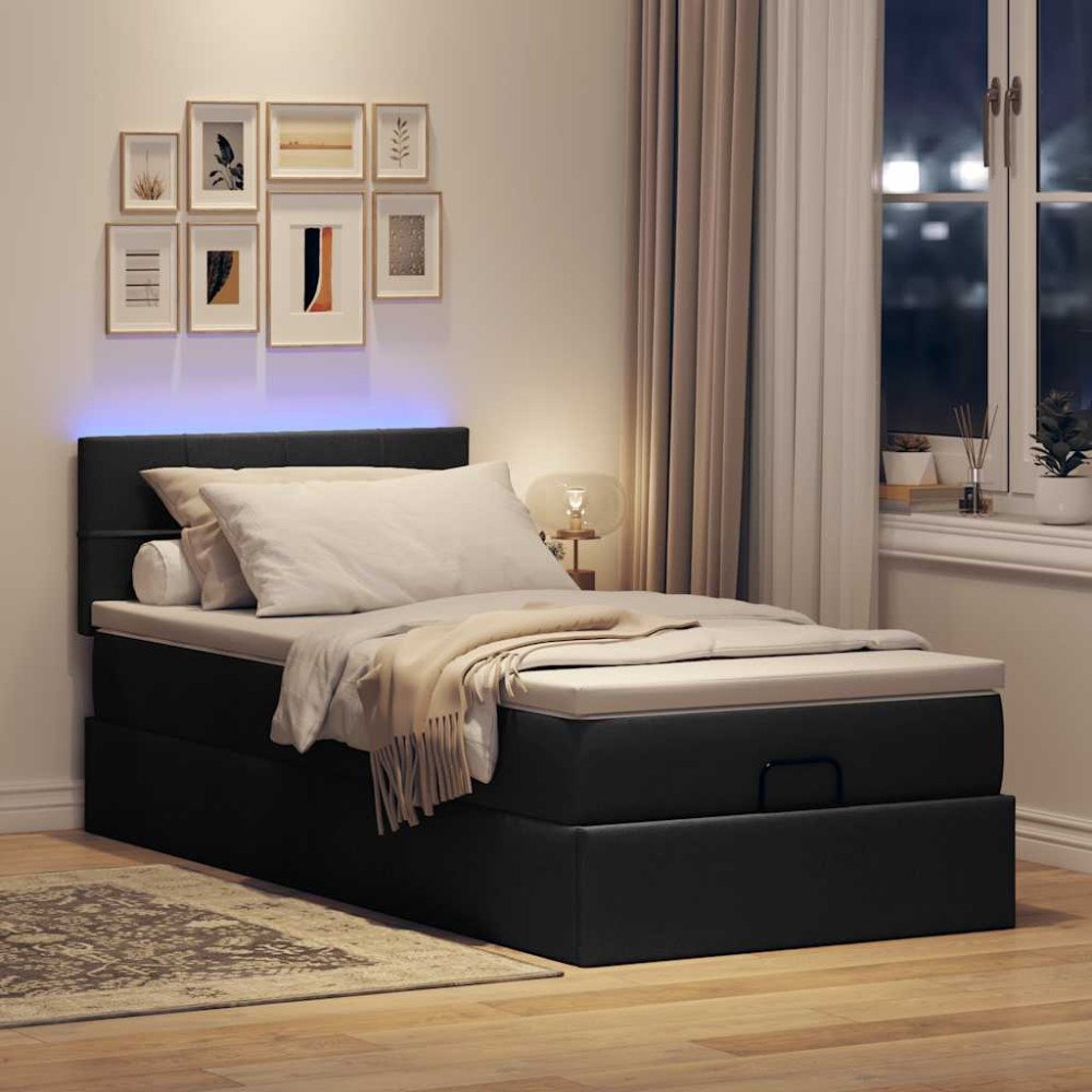 vidaXL Ottomansk säng med madrass och LED-lampor svart 80x200cm tyg