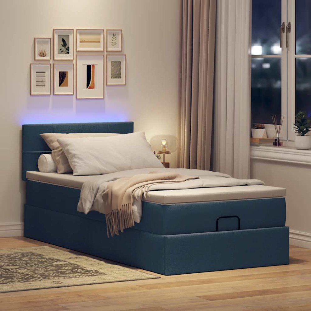 vidaXL Ottoman säng med madrass och LED-lampor blå 90x200 cm tyg