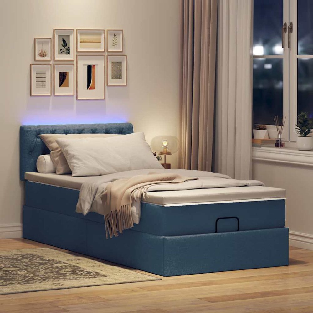 vidaXL Ottoman säng med madrass och LED-lampor blå 100x200 cm tyg