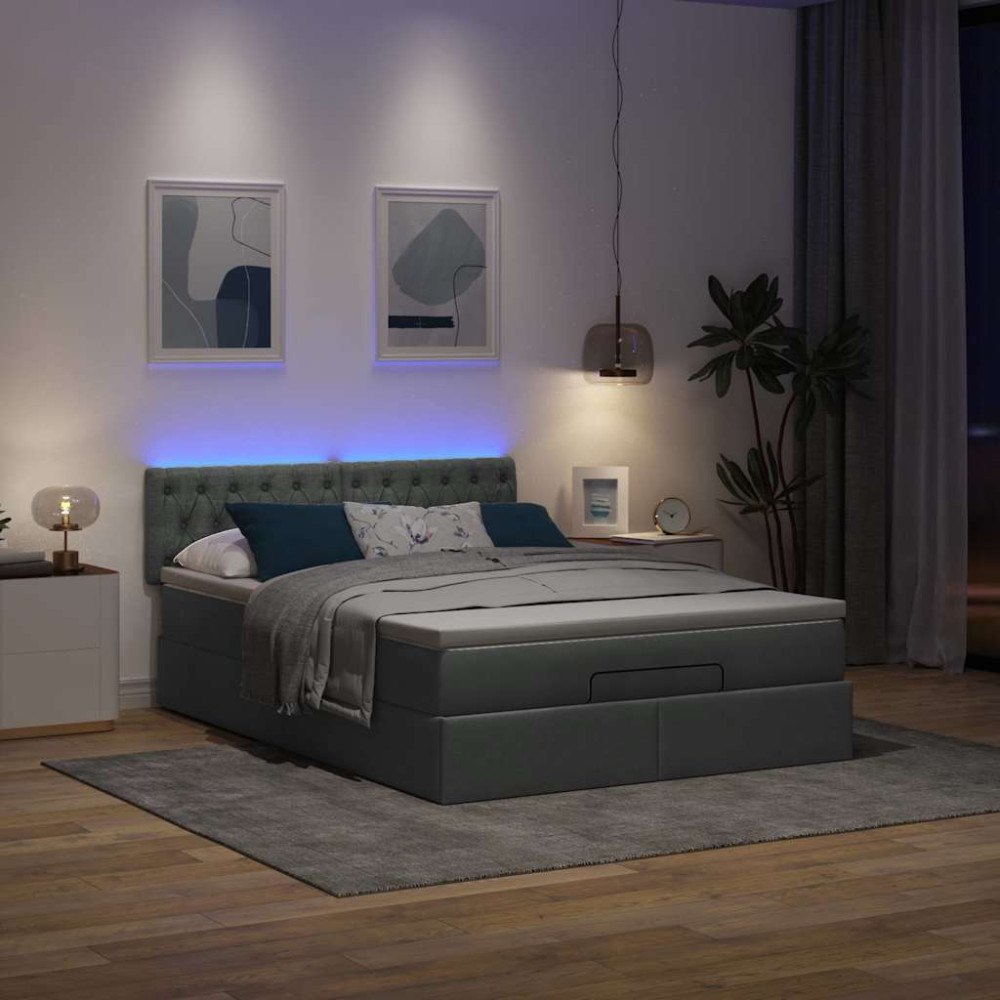 vidaXL Ottoman säng med madrass och LED-lampor mörkgrå 140x200 cm tyg