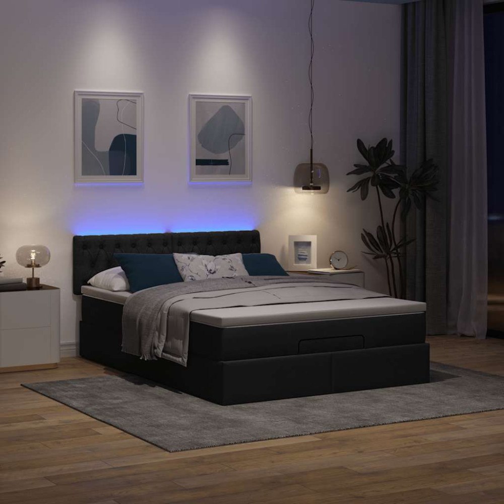 vidaXL Ottomansk säng med madrass och LED-lampor svart 140x200 cm tyg