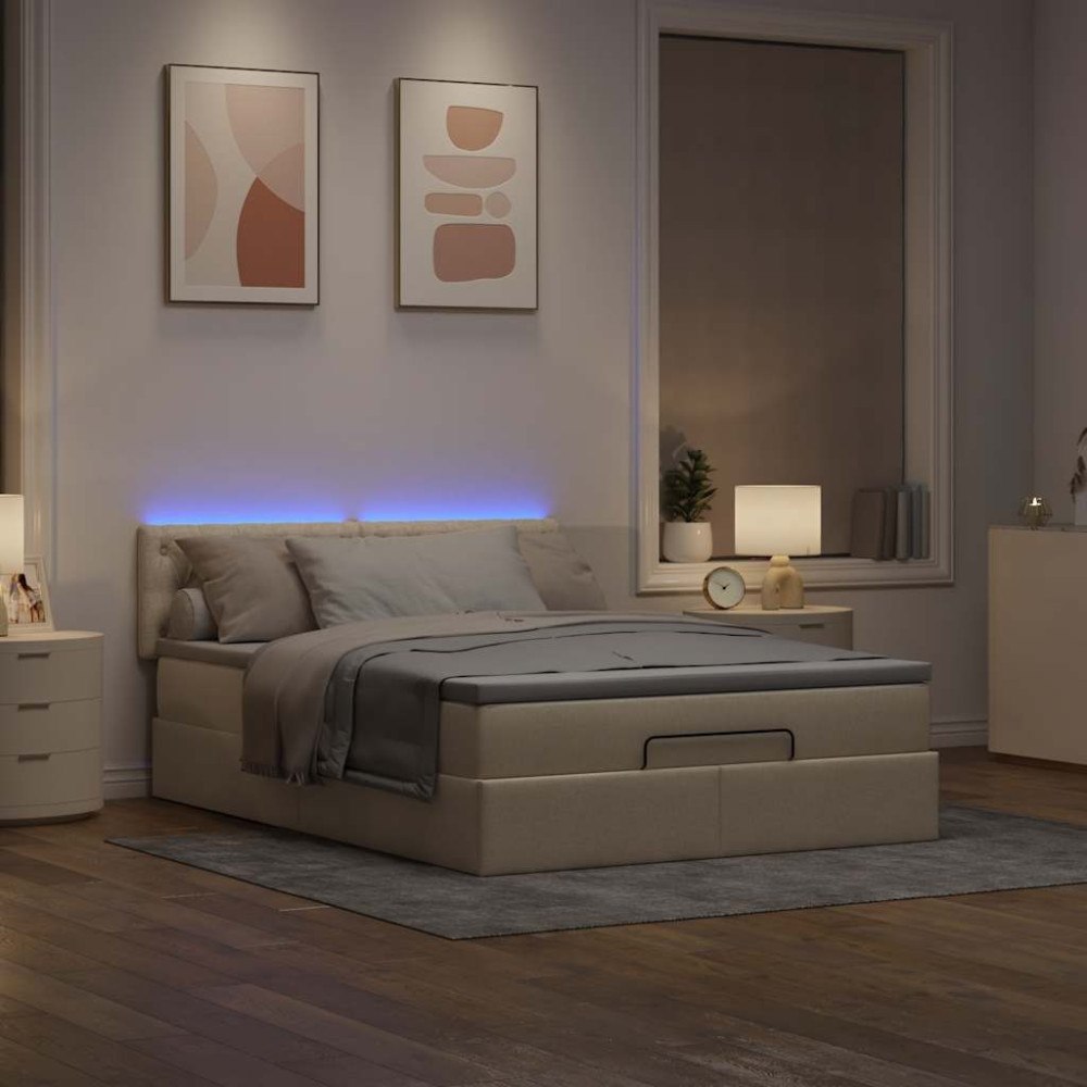 vidaXL Ottomansk säng med madrass och LED-lampor gräddvit 140x200 cm
