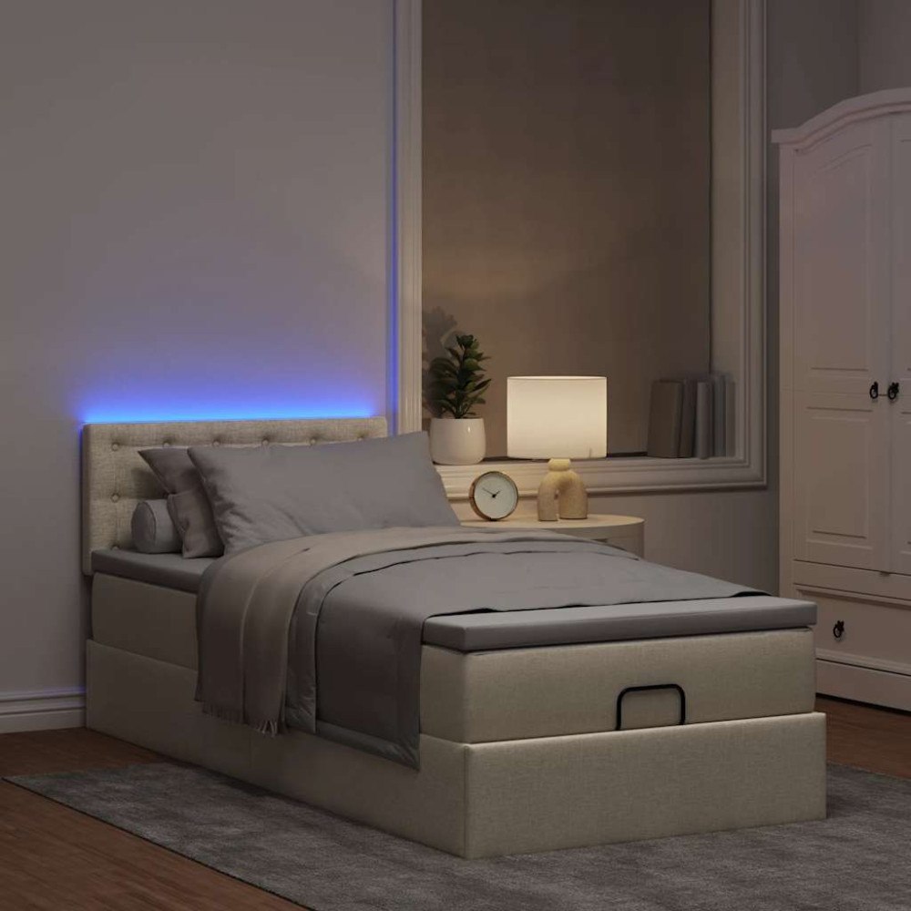 vidaXL Ottomansk säng med madrass och LED-lampor gräddvit 90x200 cm