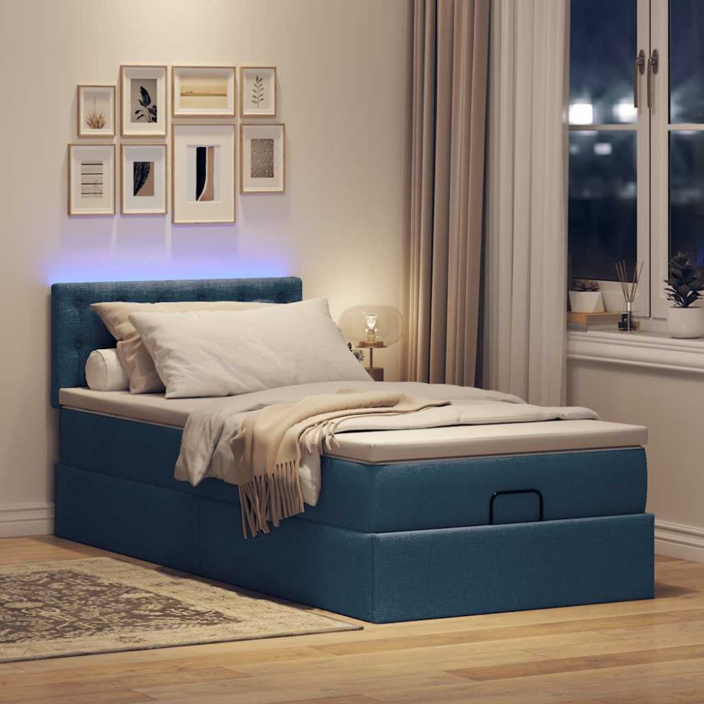 vidaXL Ottoman säng med madrass och LED-lampor blå 100x200 cm tyg