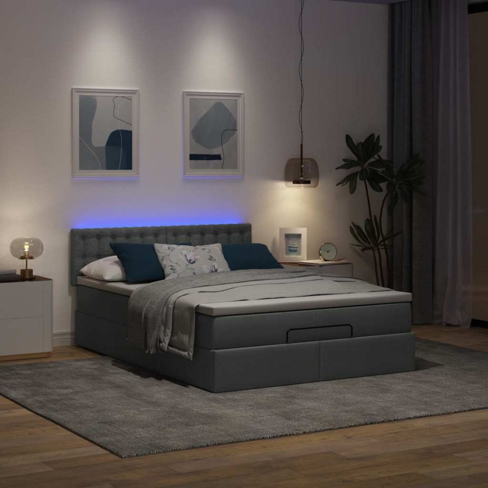 vidaXL Ottoman säng med madrass och LED-lampor mörkgrå 140x200 cm tyg