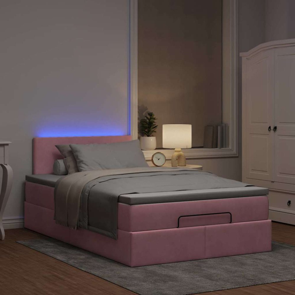 vidaXL Ottomansk säng med madrass och LED-lampor rosa 120x190cm sammet