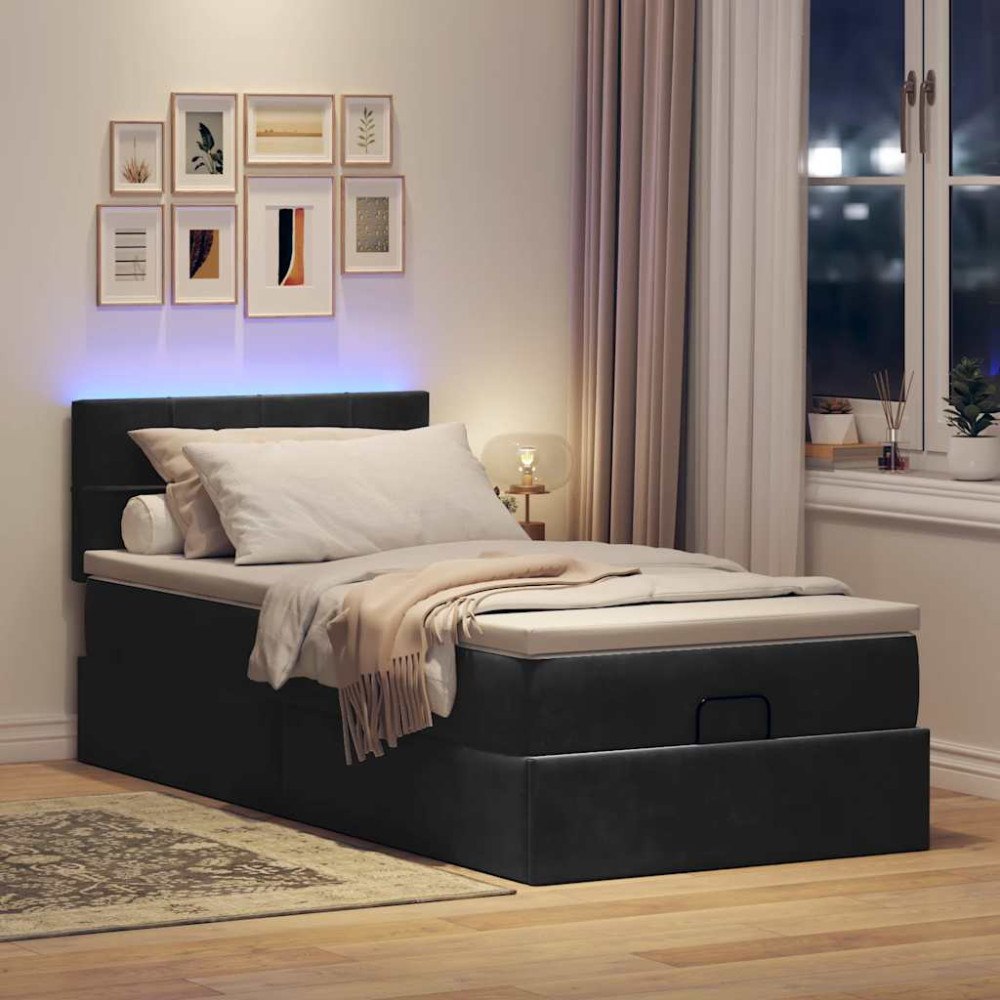 vidaXL Ottomansk säng med madrass och LED-lampor svart 80x200cm sammet