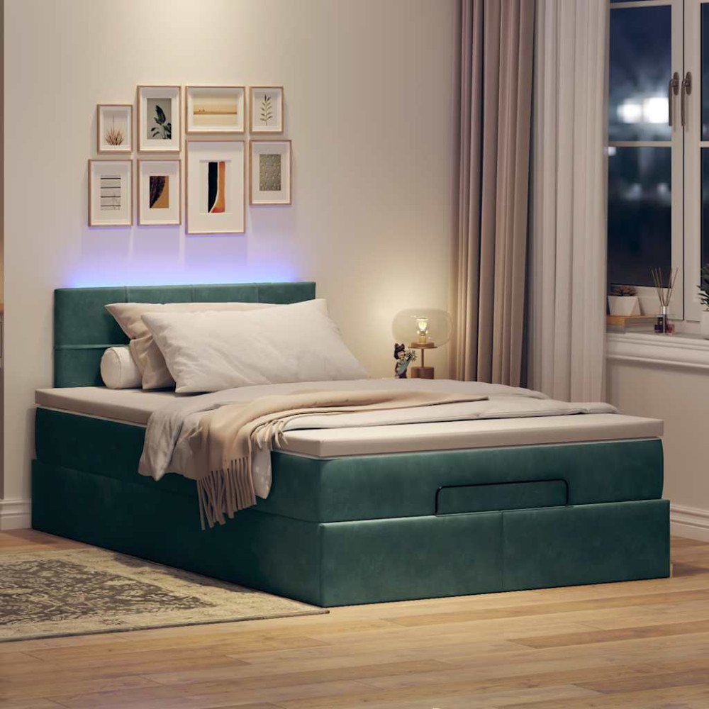 vidaXL Ottomansk säng med madrass och LED mörkgrön 120x190cm sammet