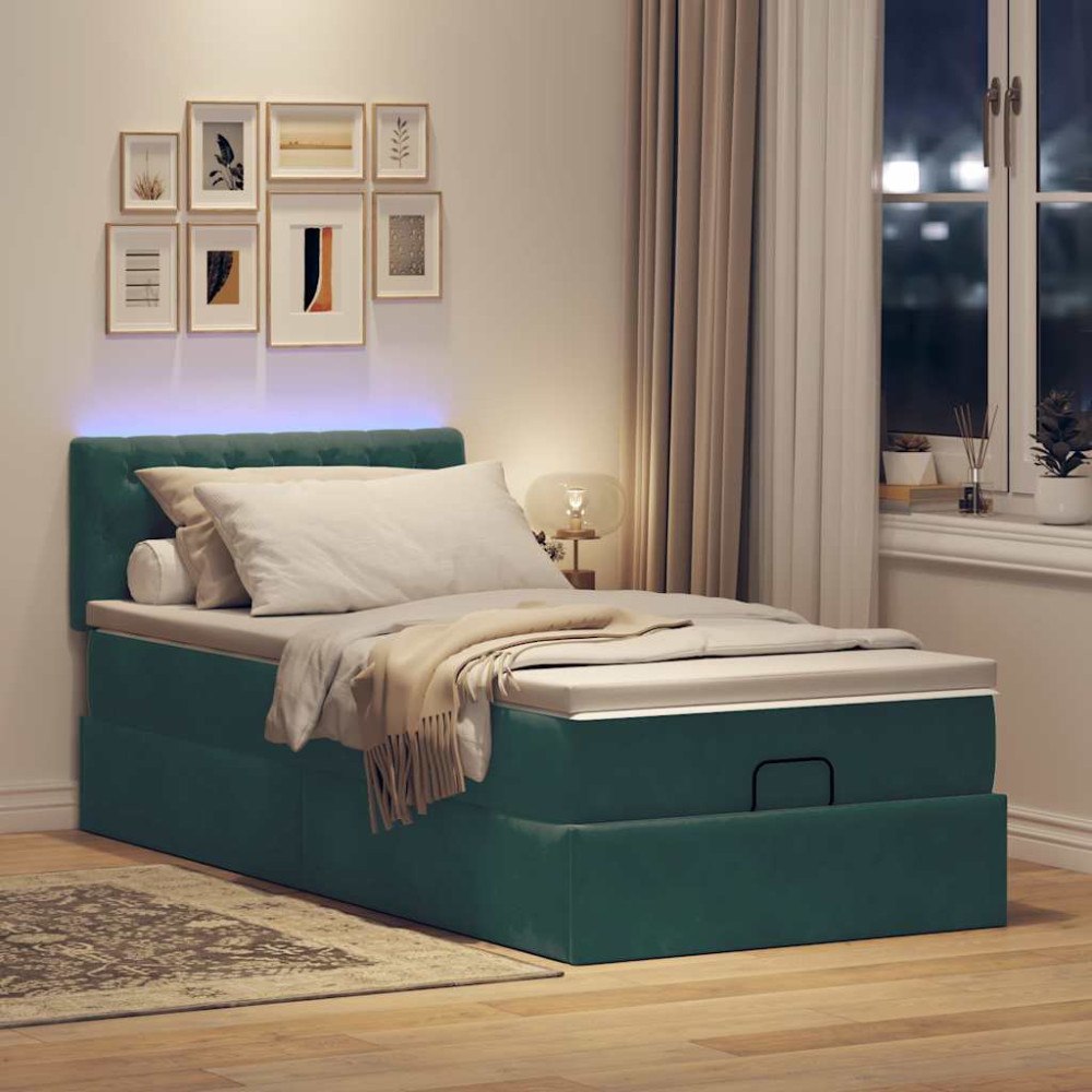 vidaXL Ottomansk säng med madrass&LED-lampor mörkgrön 80x200cm sammet