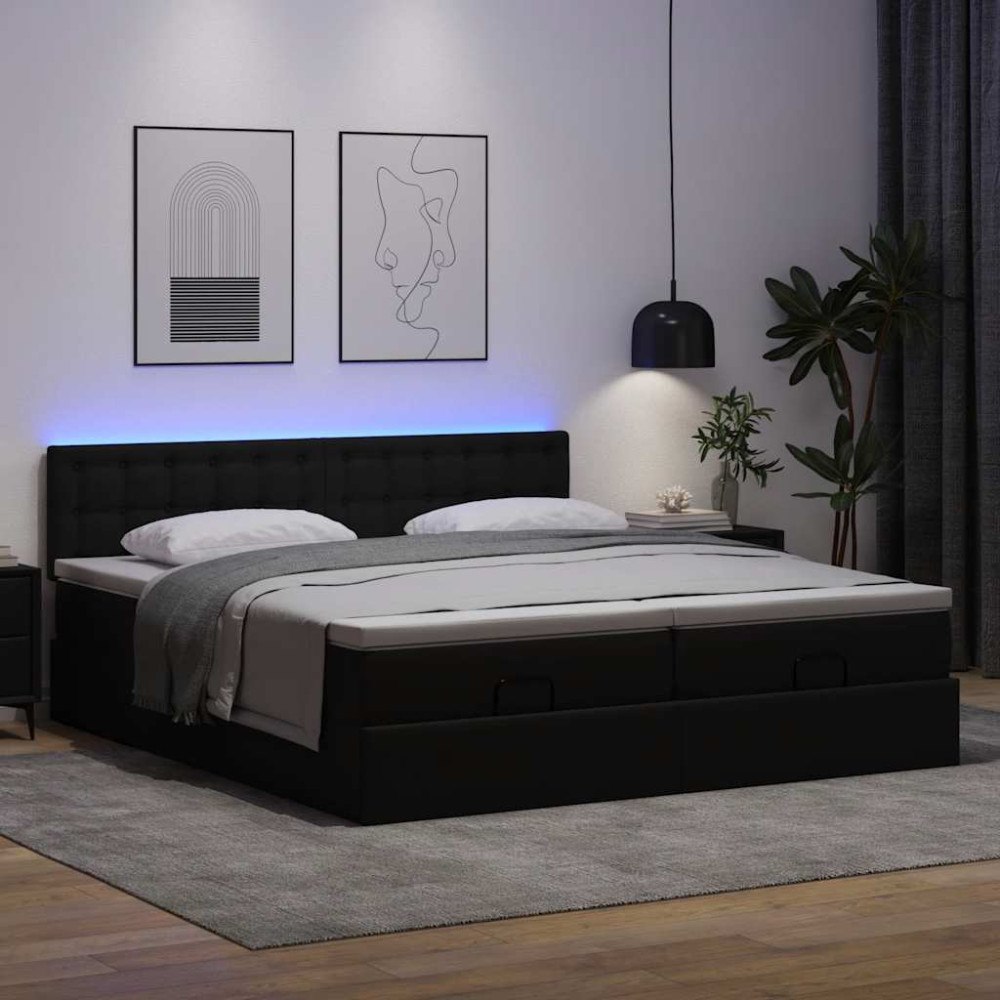 vidaXL Ottomansk säng med madrasser&LEDs svart 180x200cm konstläder