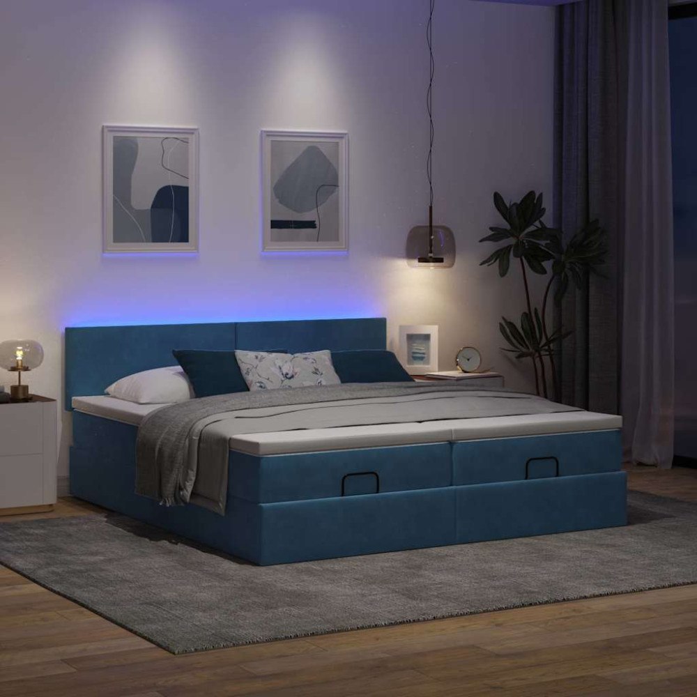 vidaXL Ottomansk säng med madrasser och LED-lampor mörkblå 200x200cm