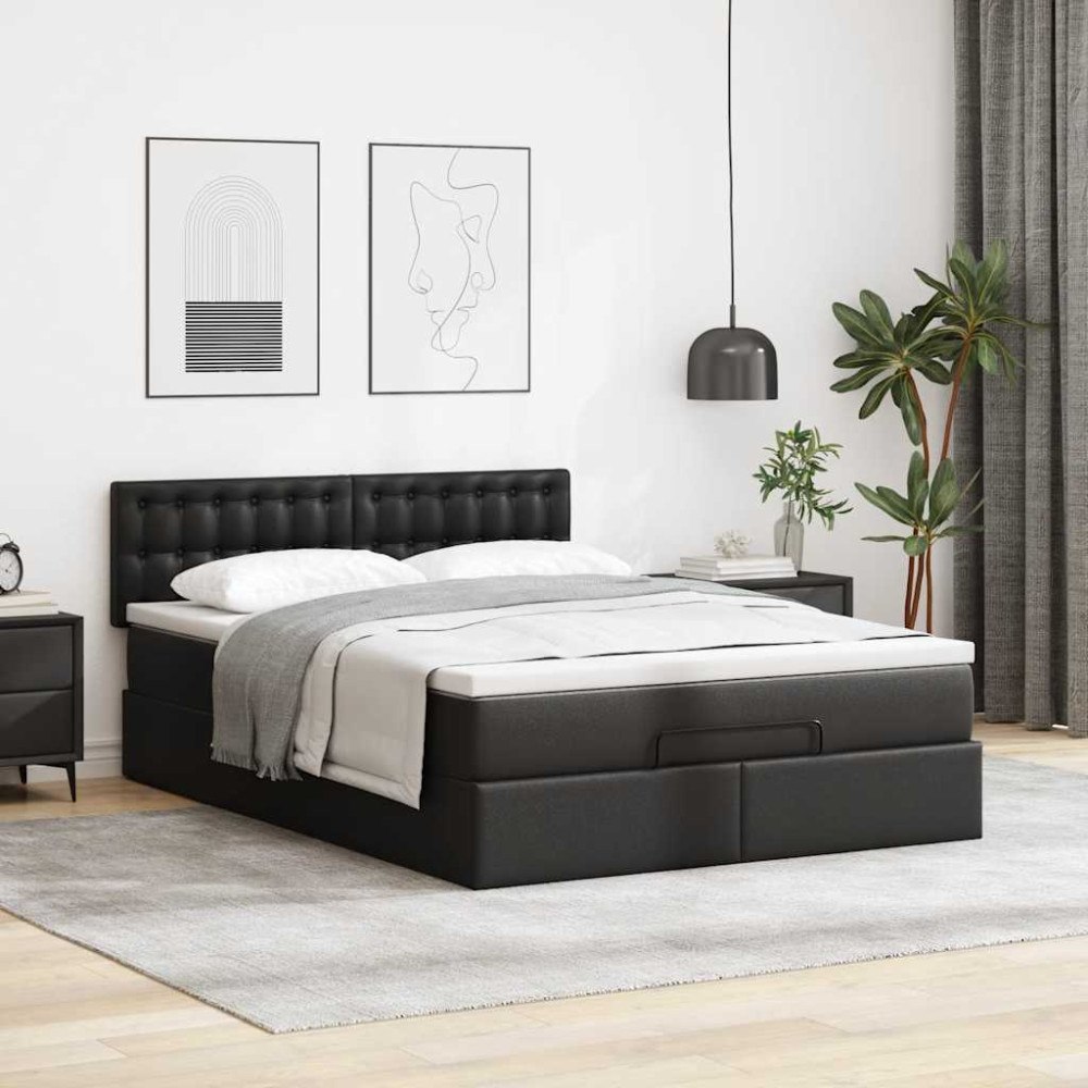 vidaXL Ottoman sängram med madrass svart 140x190 cm konstläder