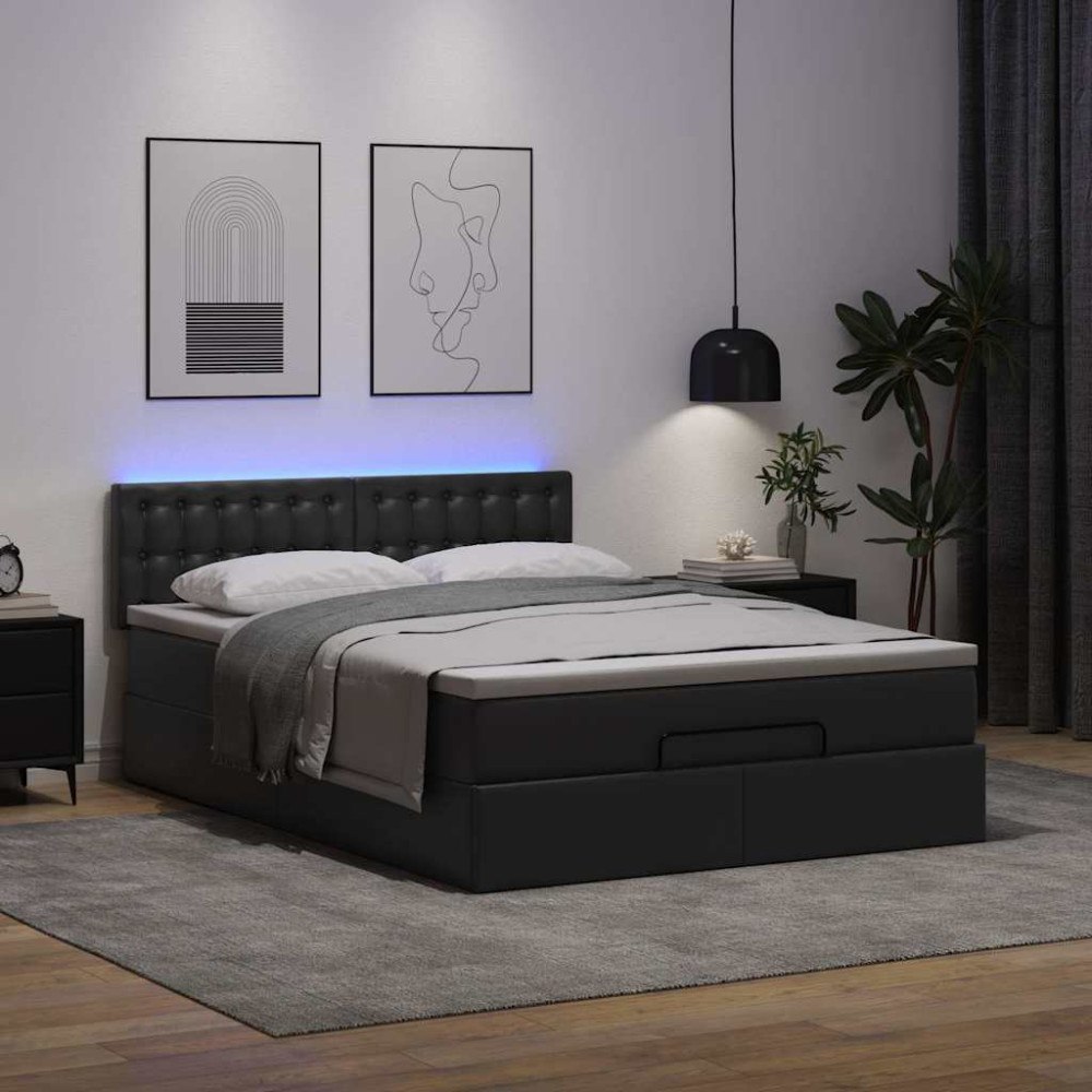 vidaXL Ottomansk säng med madrasser&LEDs svart 140x200cm konstläder