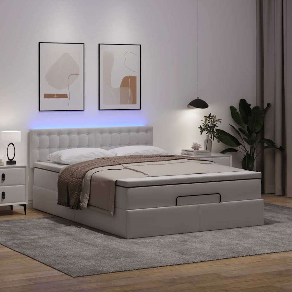 vidaXL Ottomansk säng med madrasser&LEDs ren vit 140x200cm konstläder