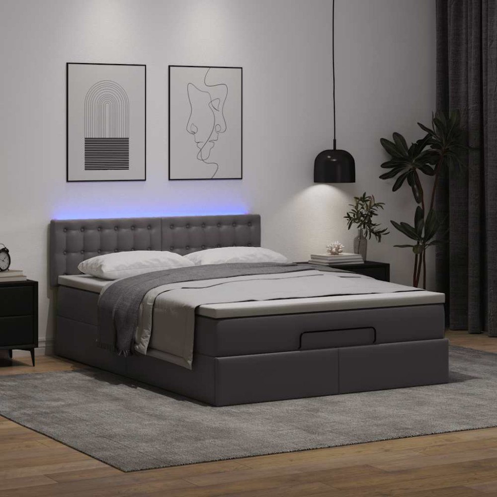 vidaXL Ottomansk säng med madrasser&LEDs grå 140x200cm konstläder
