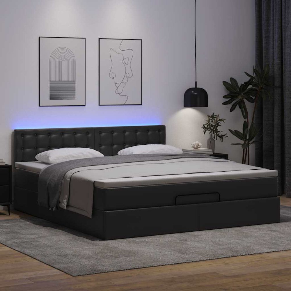 vidaXL Ottomansk säng med madrasser&LEDs svart 160x200cm konstläder