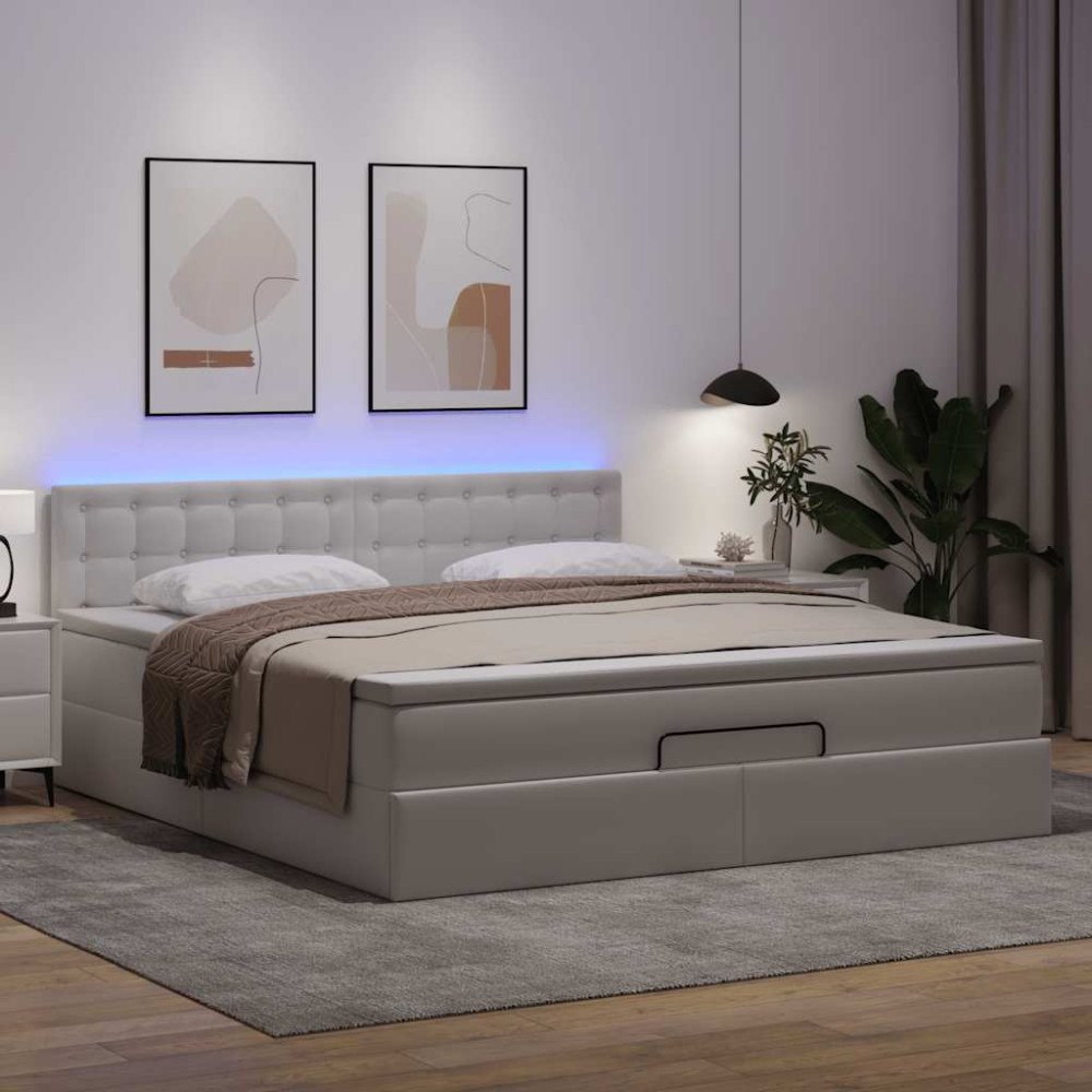vidaXL Ottomansk säng med madrasser&LEDs ren vit 160x200cm konstläder