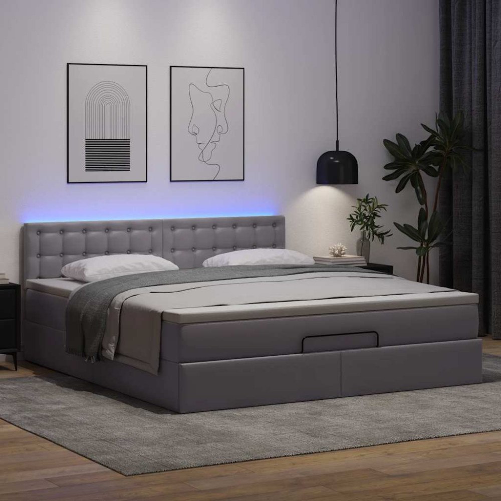 vidaXL Ottomansk säng med madrasser&LEDs grå 160x200cm konstläder