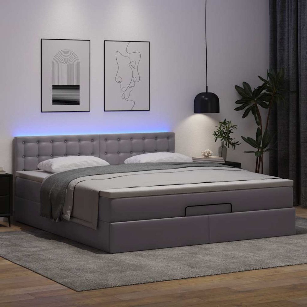 vidaXL Ottomansk säng med madrasser&LEDs grå 180x200cm konstläder