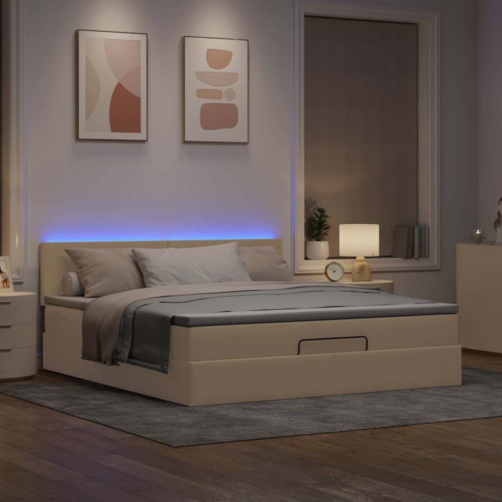 vidaXL Ottomansk säng med madrass & LED-lampor gräddvit 180x200cm tyg