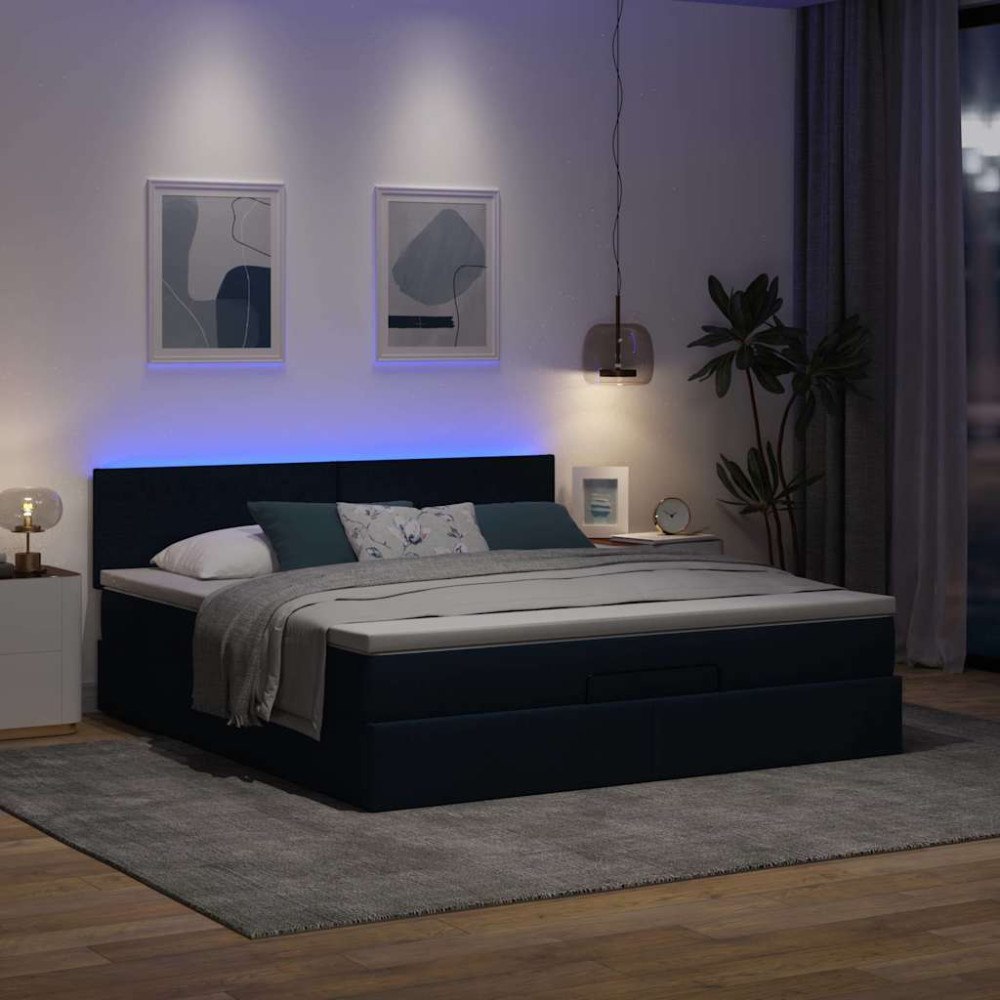 vidaXL Ottomansk säng med madrass och LED-lampor blå 180x200cm tyg