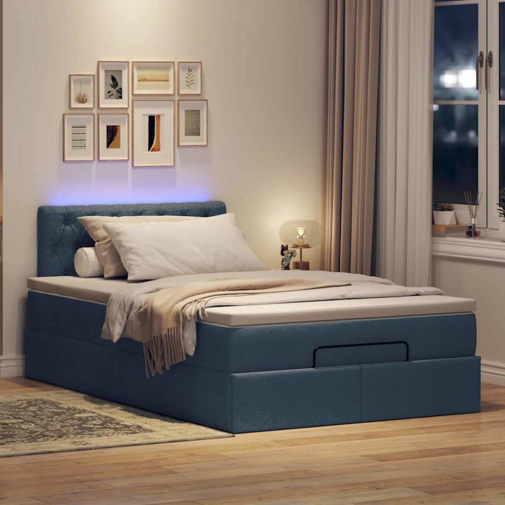 vidaXL Ottomansk säng med madrass och LED-lampor blå 120x190cm tyg