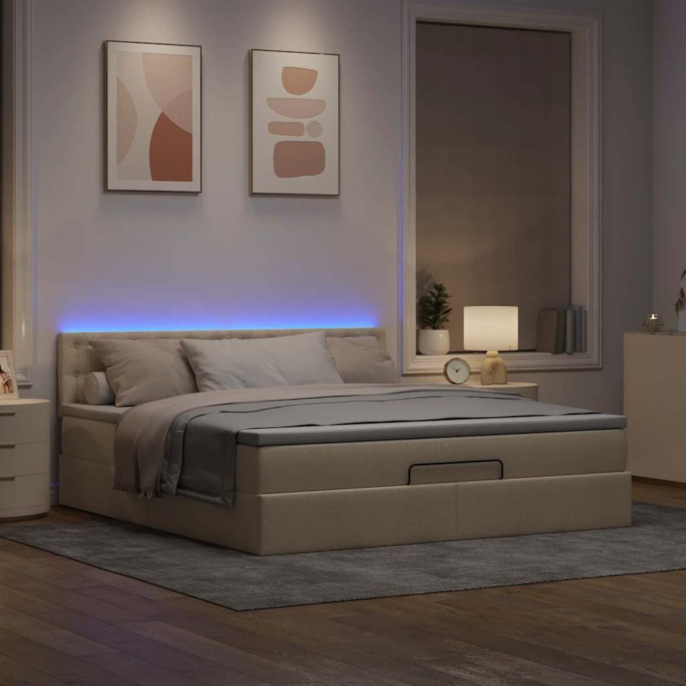 vidaXL Ottoman sängram med madrass gräddvit 160x200 cm tyg