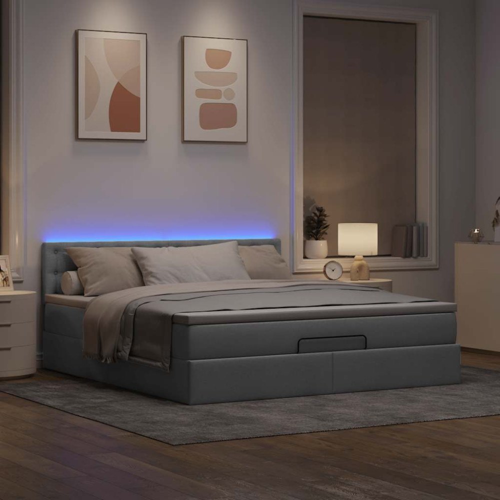 vidaXL Ottomansk säng med madrass och LED-lampor ljusgrå 180x200cm tyg