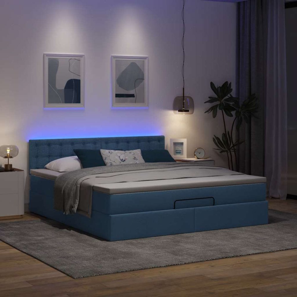 vidaXL Ottomansk säng med madrass och LED-lampor blå 180x200cm tyg