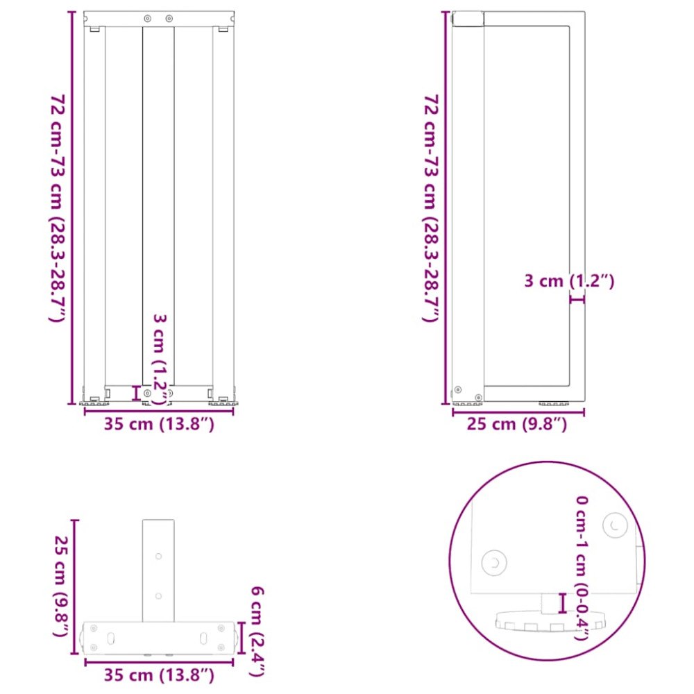 vidaXL Konsolbordsben T-formade 2 st vita 38x25x(72-73) cm stål