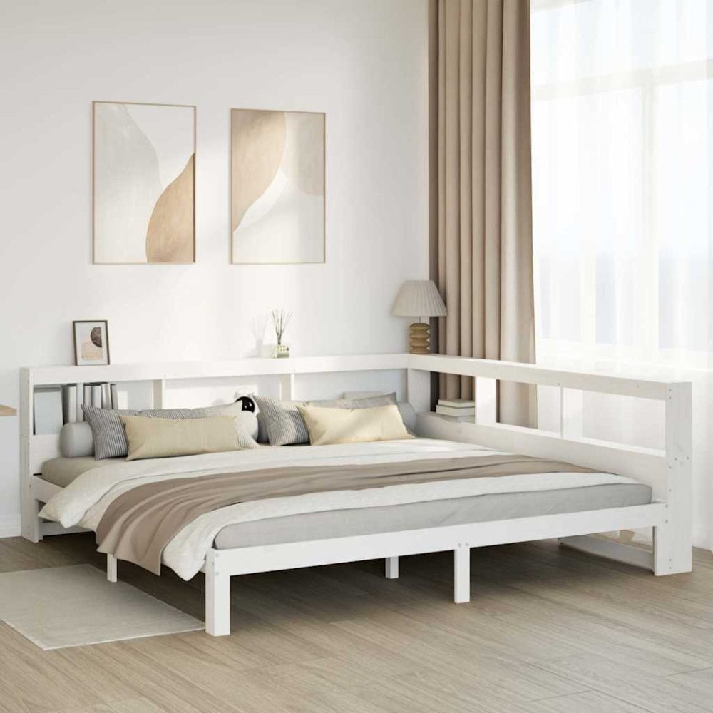 vidaXL Säng med bokhylla utan madrass vit 200x200cm massiv furu