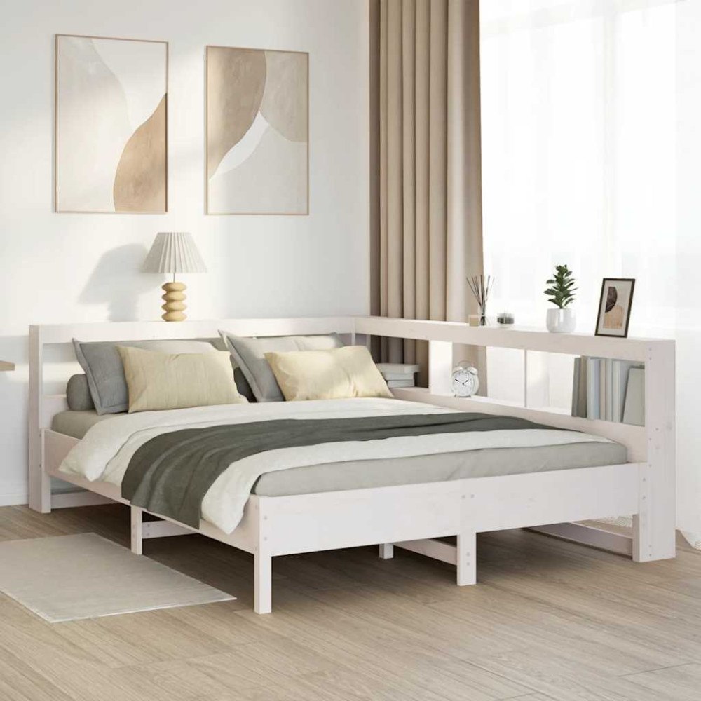 vidaXL Säng med bokhylla utan madrass vit 150x200 cm massiv furu