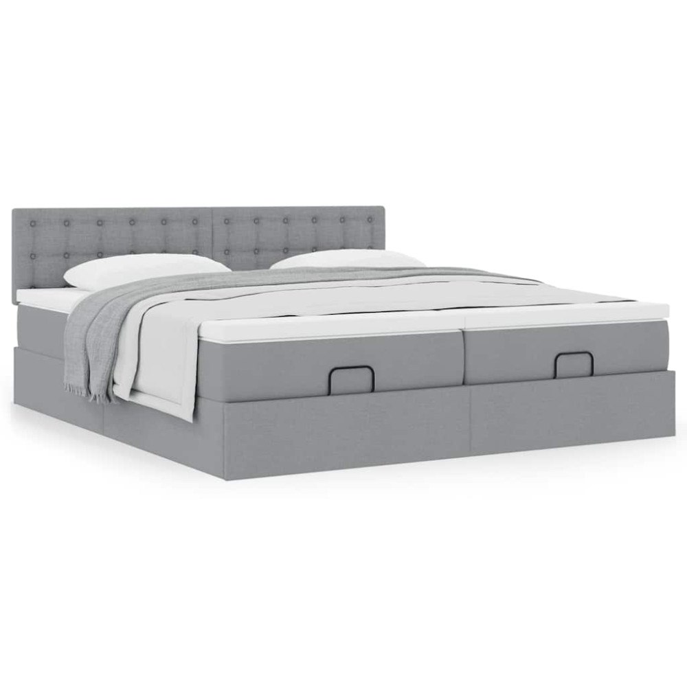 vidaXL Ottoman sängram med madrasser ljusgrå 200x200 cm tyg