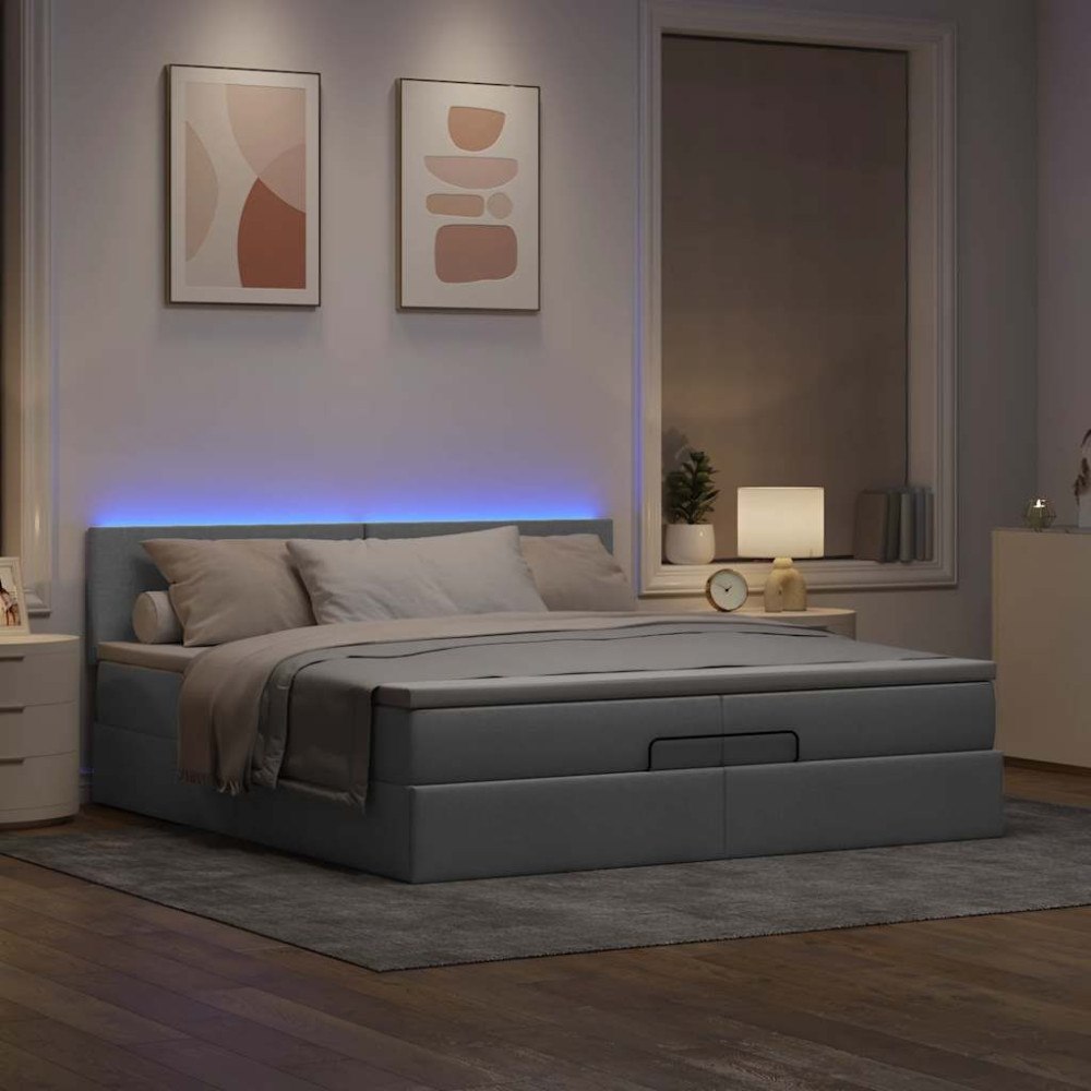 vidaXL Ottoman sängram med madrasser ljusgrå 200x200 cm tyg