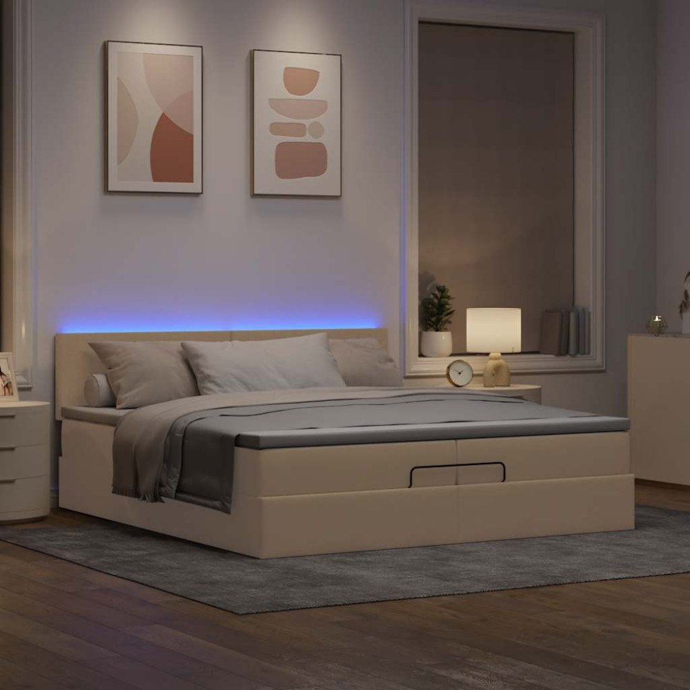 vidaXL Ottoman sängram med madrasser gräddvit 200x200 cm tyg