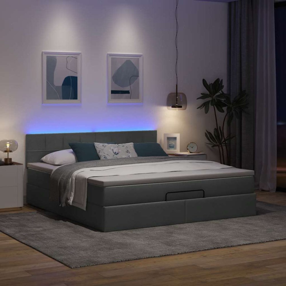 vidaXL Ottomansk säng med madrass och LED-lampor mörkgrå 180x200cm tyg