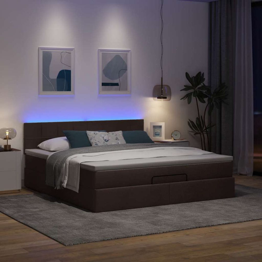 vidaXL Ottomansk säng med madrass & LED-lampor mörkbrun 180x200cm tyg