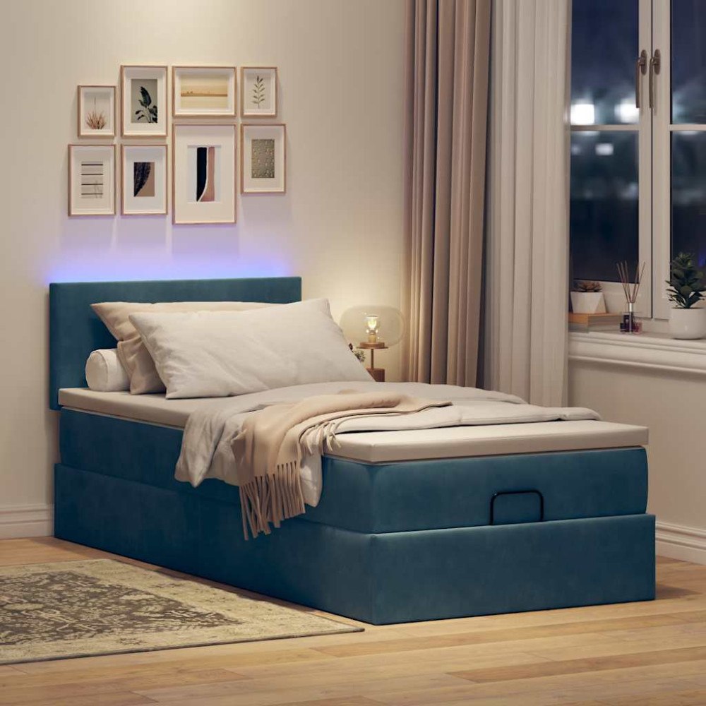 vidaXL Ottomansk säng med madrass & LED-lampor mörkblå 80x200cm sammet