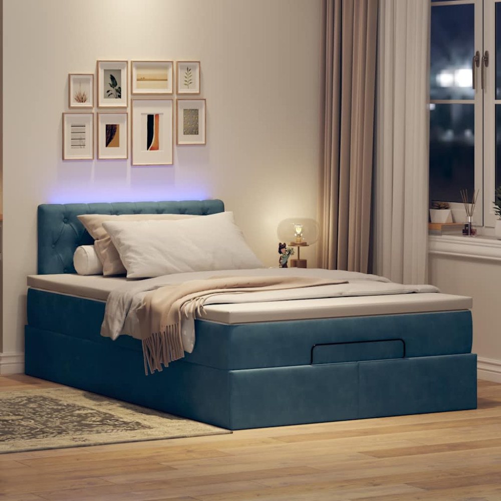 vidaXL Ottomansk säng med madrass&LED-lampor mörkblå 120x190cm sammet