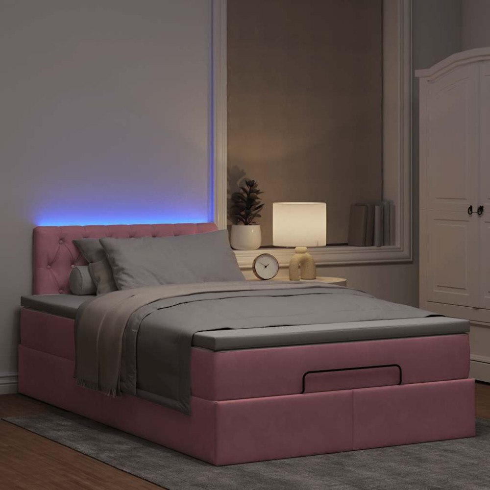 vidaXL Ottomansk säng med madrass och LED-lampor rosa 120x190cm sammet