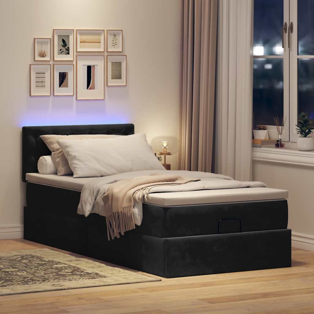 vidaXL Ottomansk säng med madrass och LED-lampor svart 80x200cm sammet