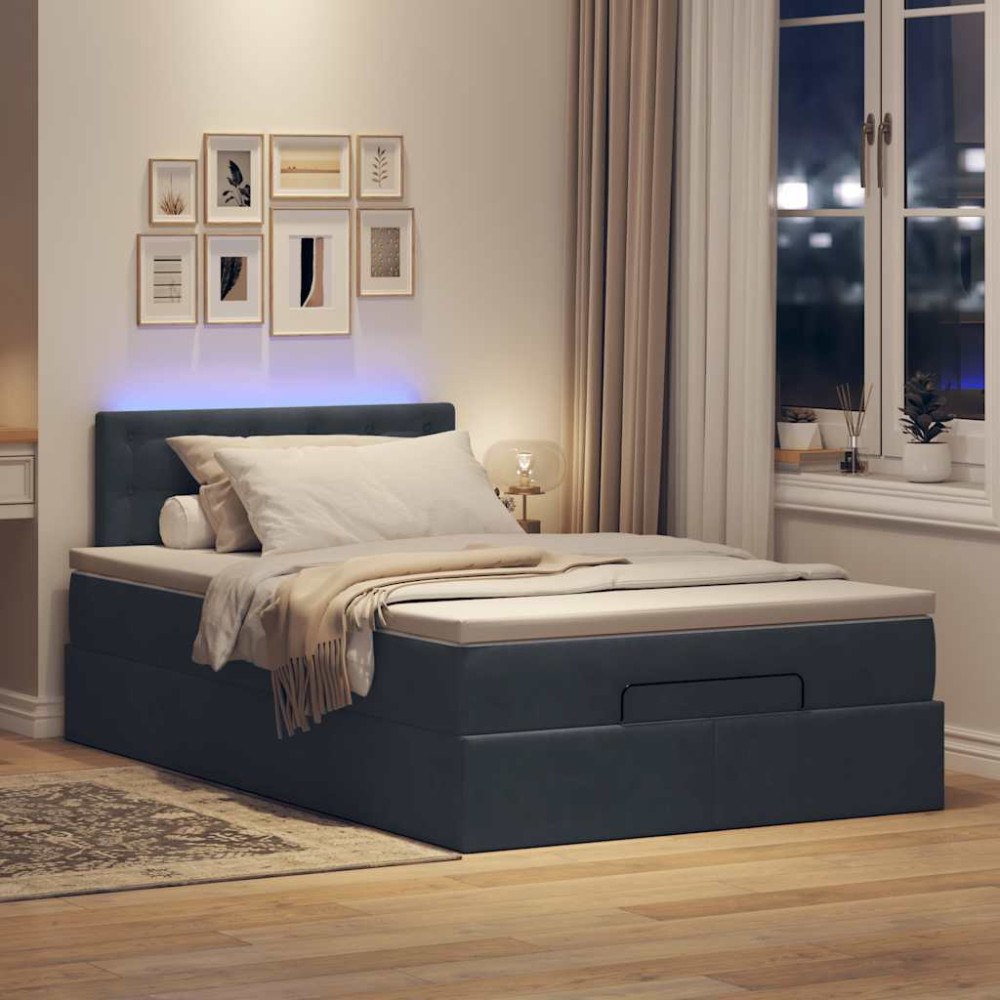 vidaXL Ottomansk säng med madrass&LED-lampor mörkgrå 120x190cm sammet
