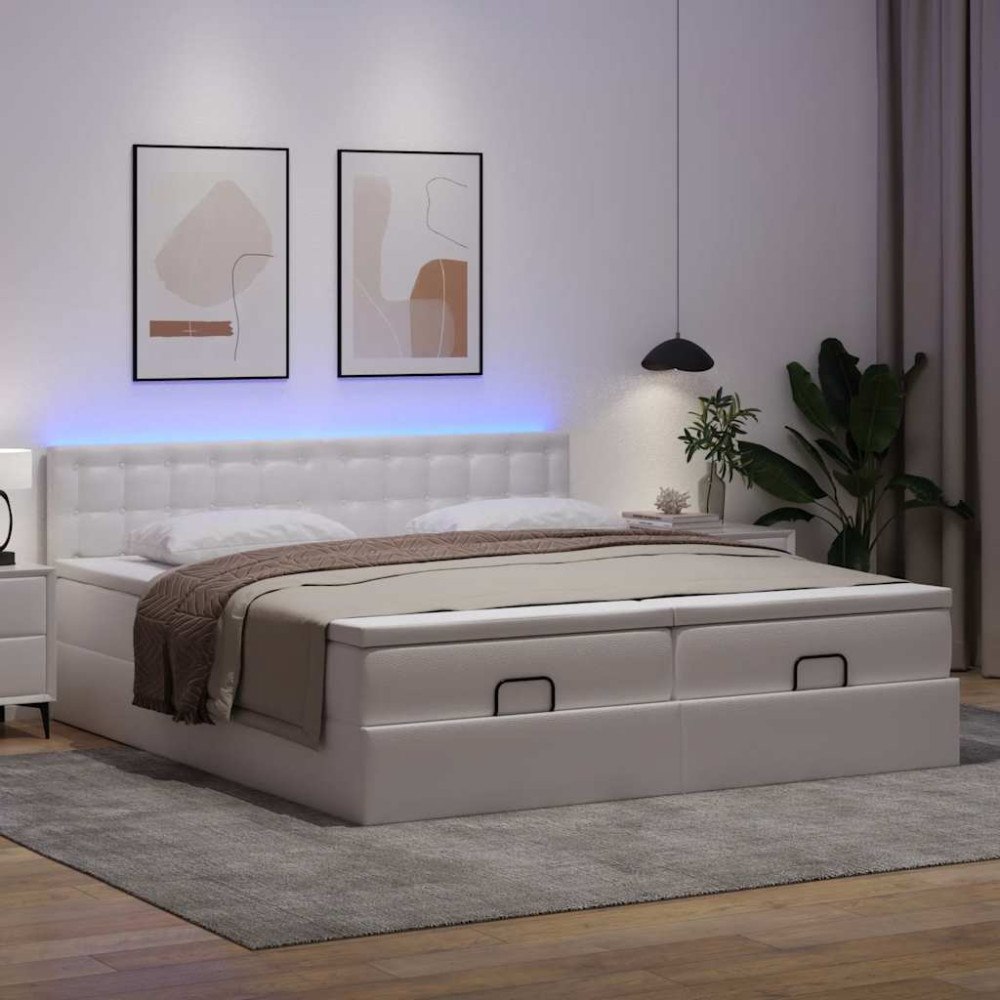 vidaXL Ottoman sängram med madrasser vit 200x200 cm konstläder