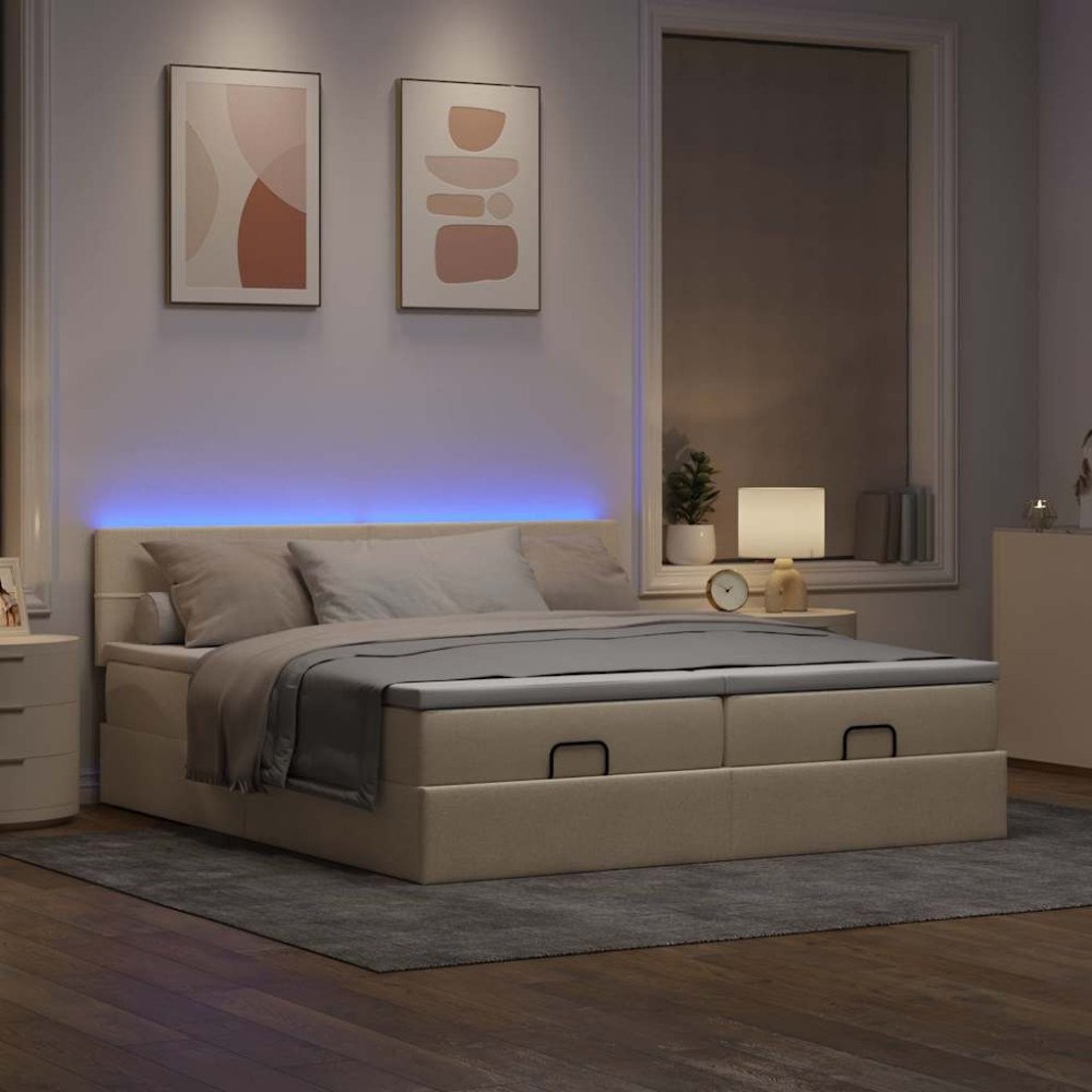 vidaXL Ottoman sängram med madrasser gräddvit 200x200 cm tyg