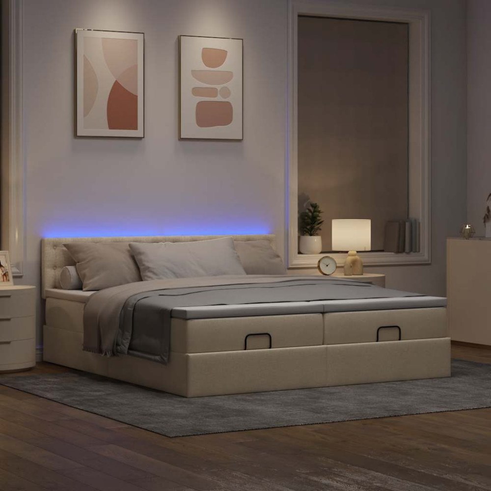 vidaXL Ottoman sängram med madrasser gräddvit 200x200 cm tyg